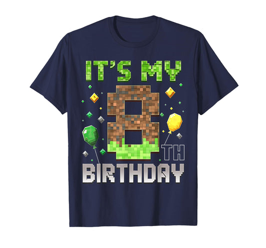 Kids 8th Birthday Gamer Pixel 8 Years Old Video Game Party T-Shirt