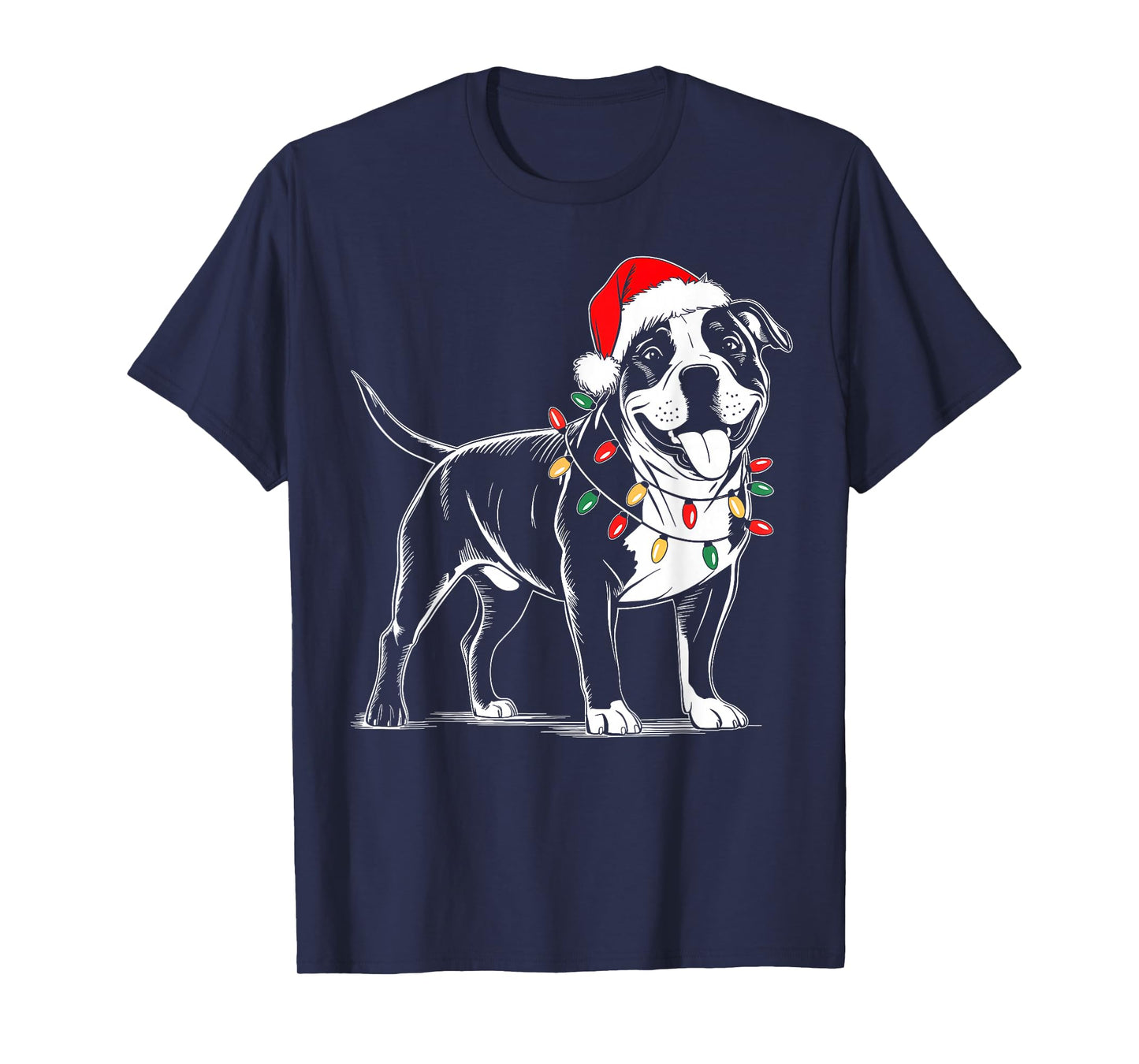 Pitbull Dog Christmas Lights Santa Hat Funny Xmas Dog Lover T-Shirt