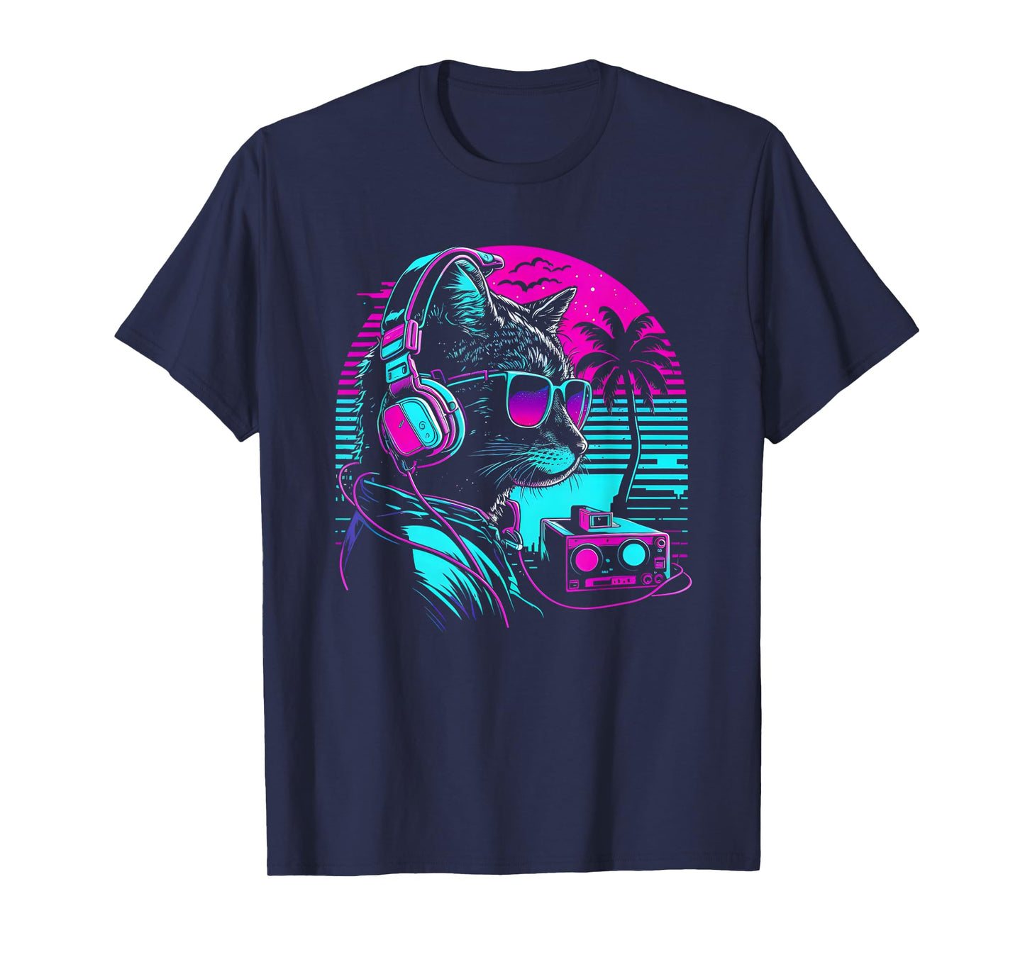 House DJ Cat 80s 90s Kitten Sunset Rainbow DJ Cat Kitty T-Shirt