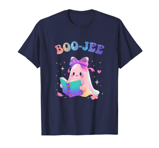 Cute Halloween Pastel BooJee Ghost Coquette Bow Book Girls T-Shirt