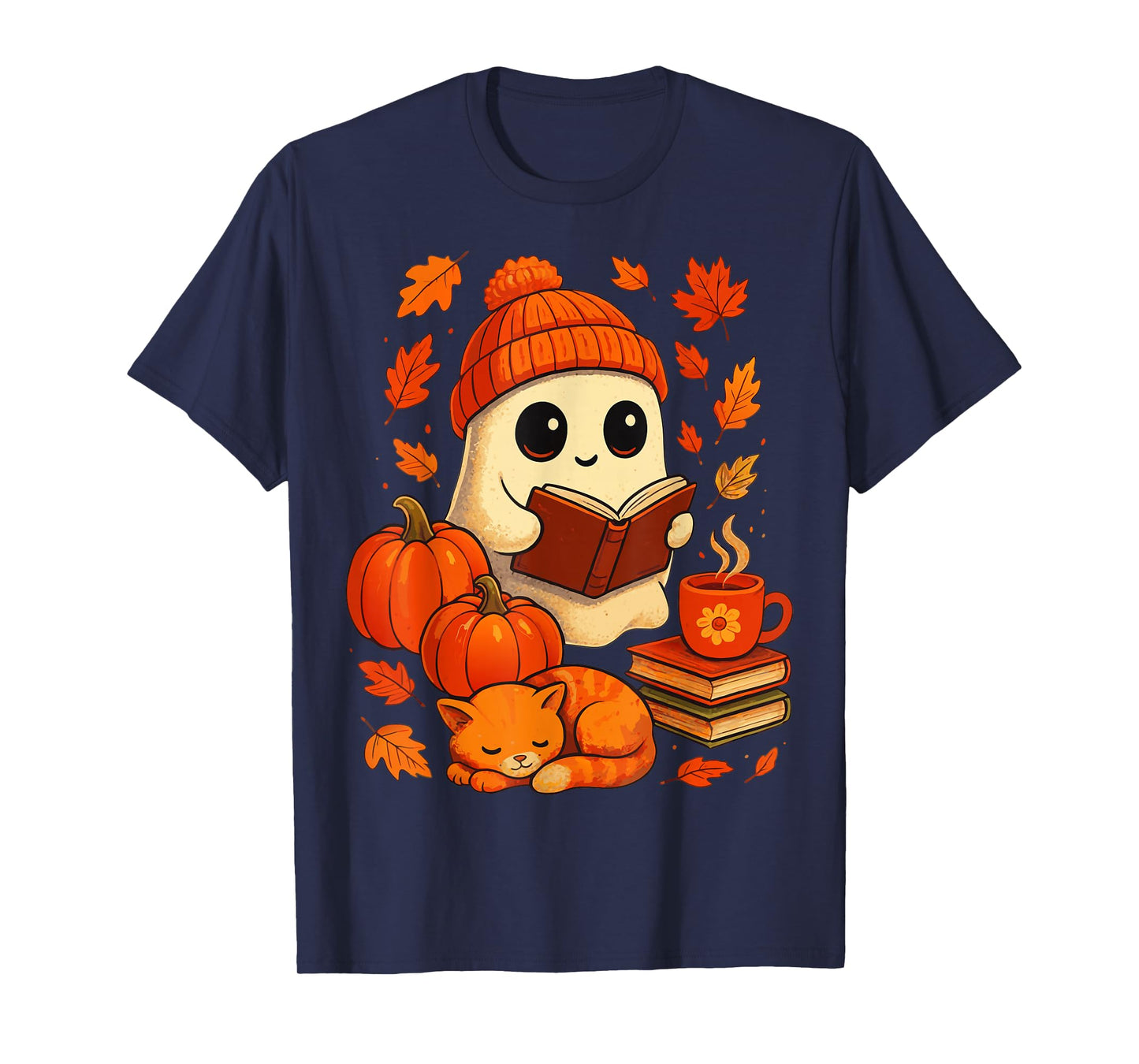 Ghost Reading Book Lovers Autumn Fall Halloween T-Shirt