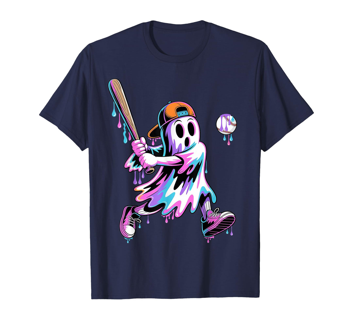 Halloween Ghost Baseball Drip Boys Kids Ice Cream Dripping T-Shirt