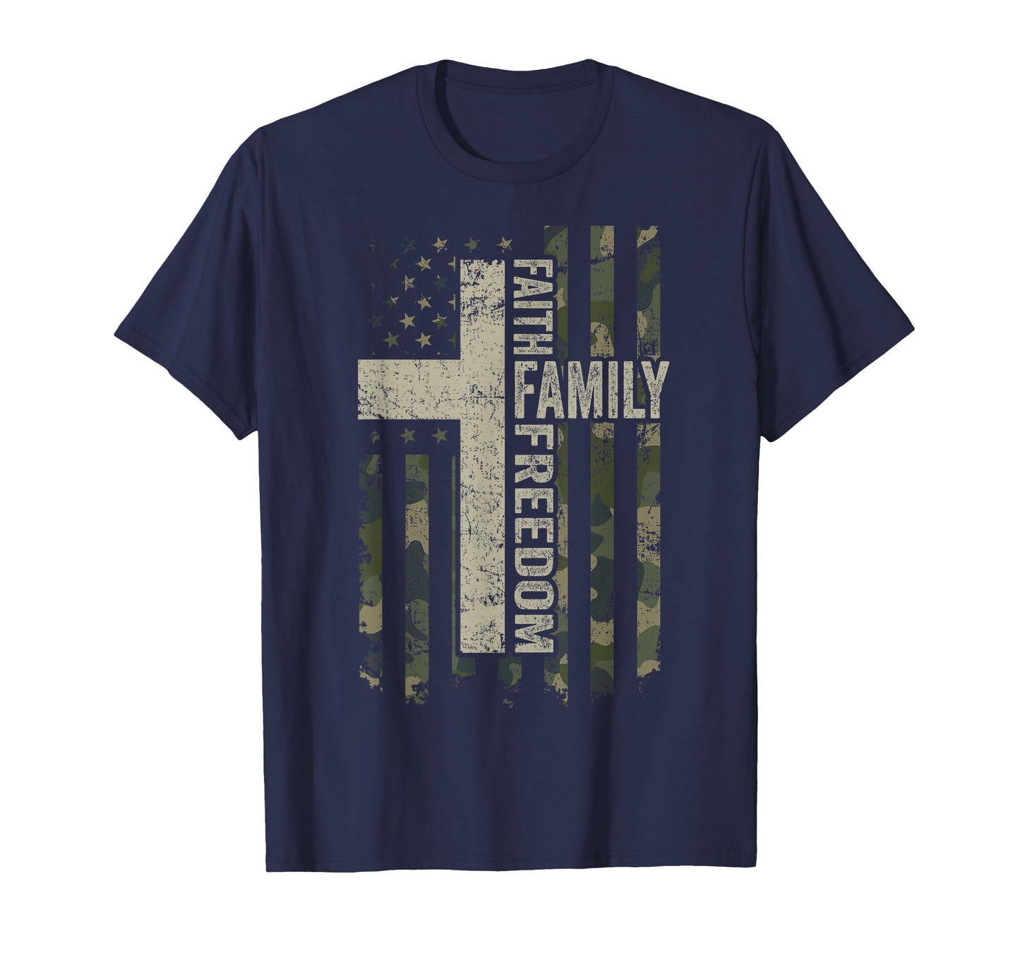 Faith Family & Freedom - Patriotic Christian Camo USA Flag T-Shirt