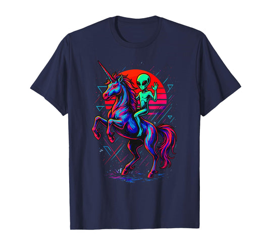Alien Rides Rainbow Unicorn Retro Area 51 T-Shirt