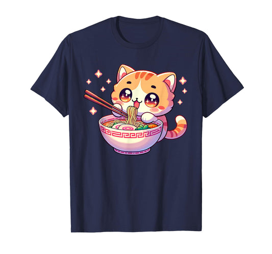 Japanese Kawaii Kitten Anime Cat Eating Ramen Women Girls Tees T-Shirt