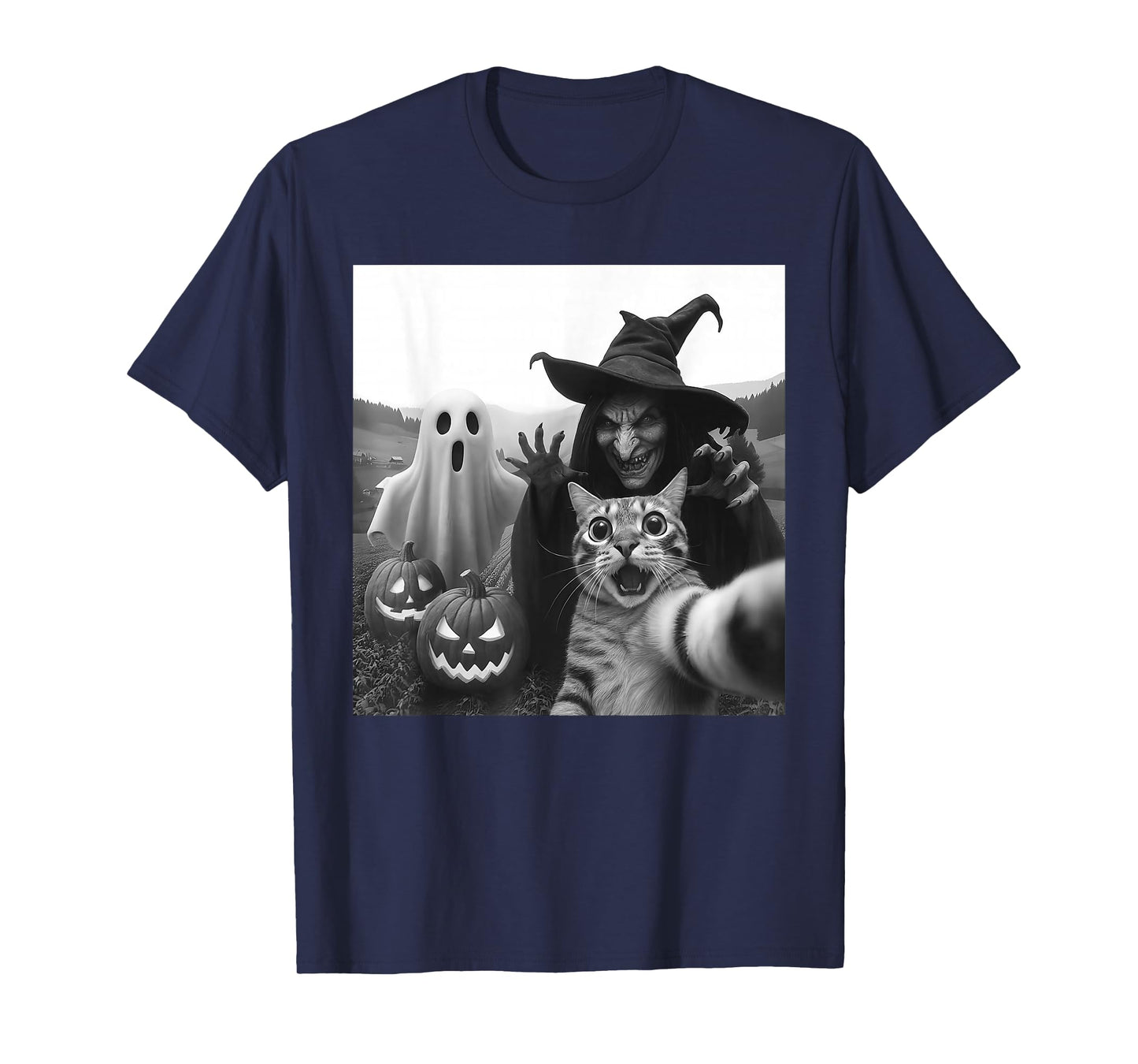 Funny Halloween Cat Selfie with Ghost Boo Witch Pumpkin T-Shirt
