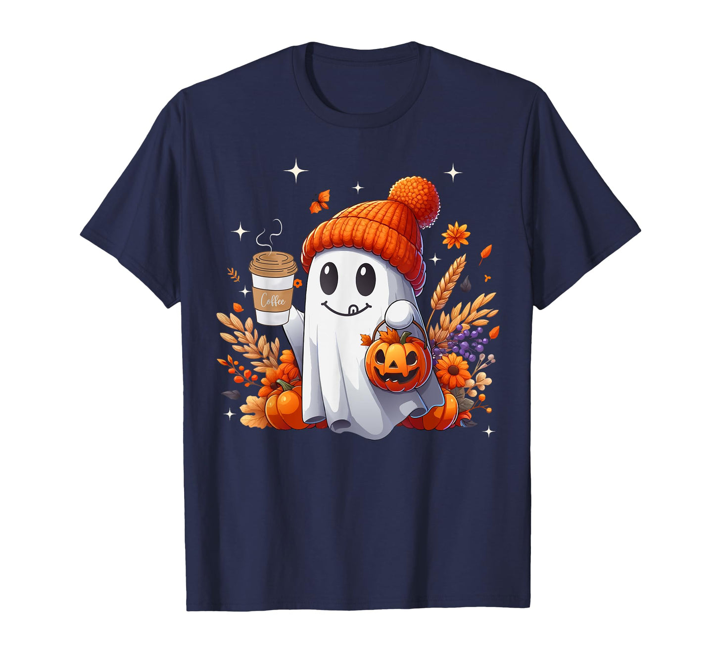 Men Women Autumn Cute Ghost Drinking Coffee Spooky Halloween T-Shirt
