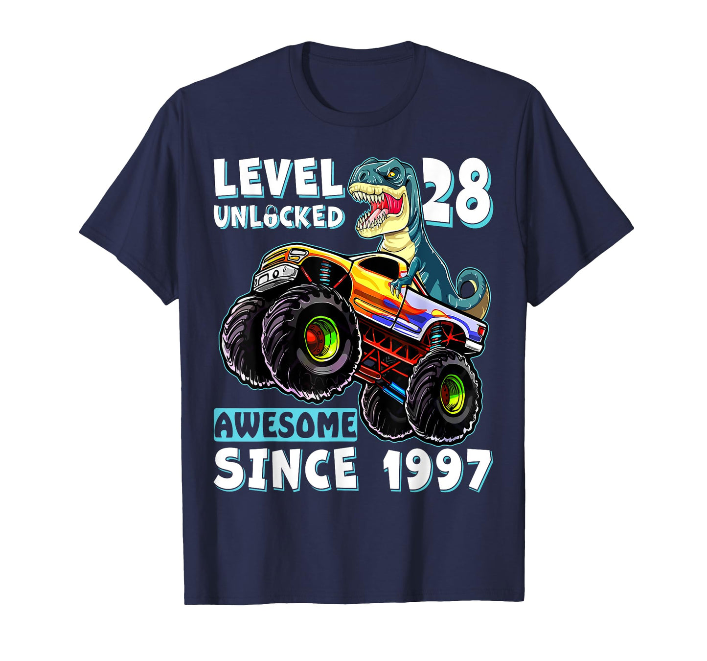 Level 28 Unlocked T Rex Monster Truck Dinosaur 28th Birthday T-Shirt