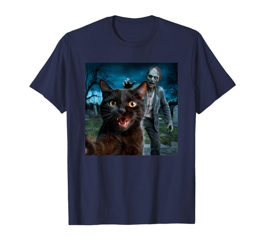 Cat and Zombie Selfie Photo Halloween for Cat Lovers Men Women Kids T-Shirt