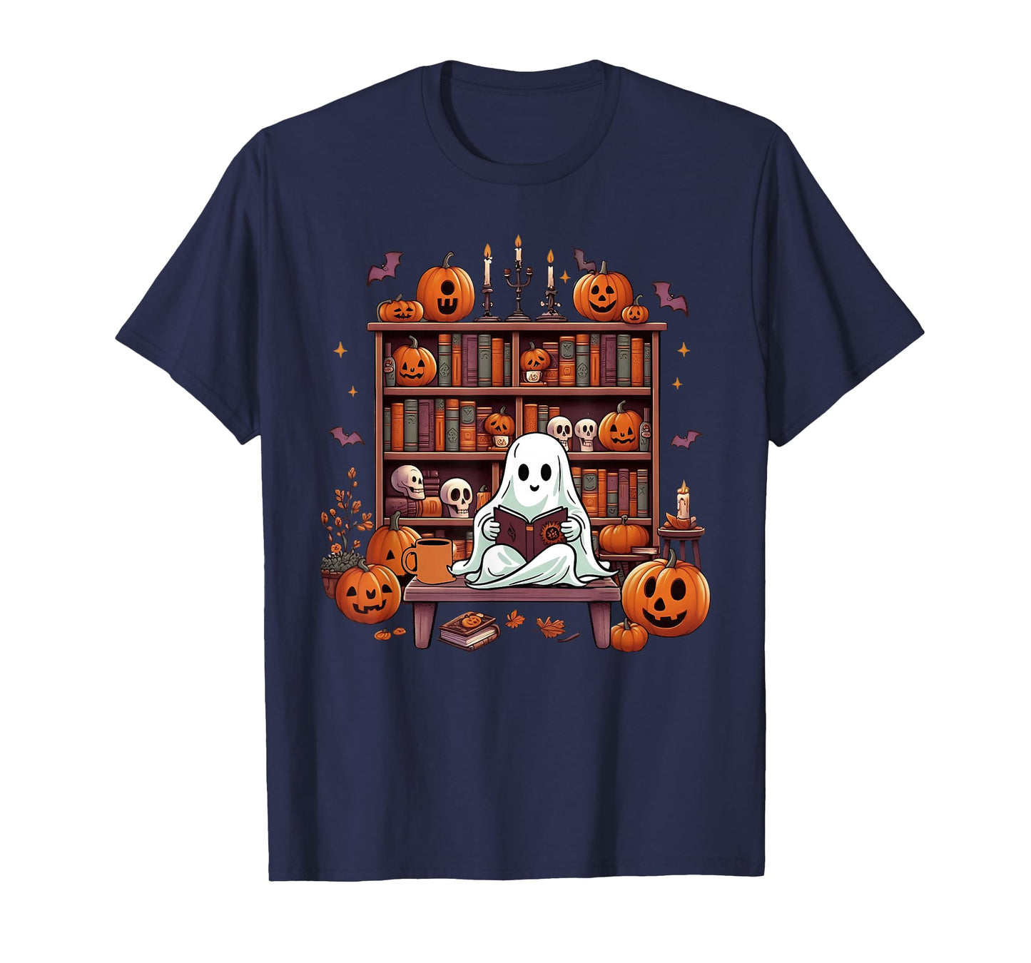 Funny Ghost Book Reading Books Lover Teacher Happy Halloween T-Shirt