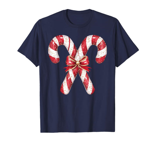 Retro Coquette Bow Candy Cane Christmas Season Girls Womens T-Shirt