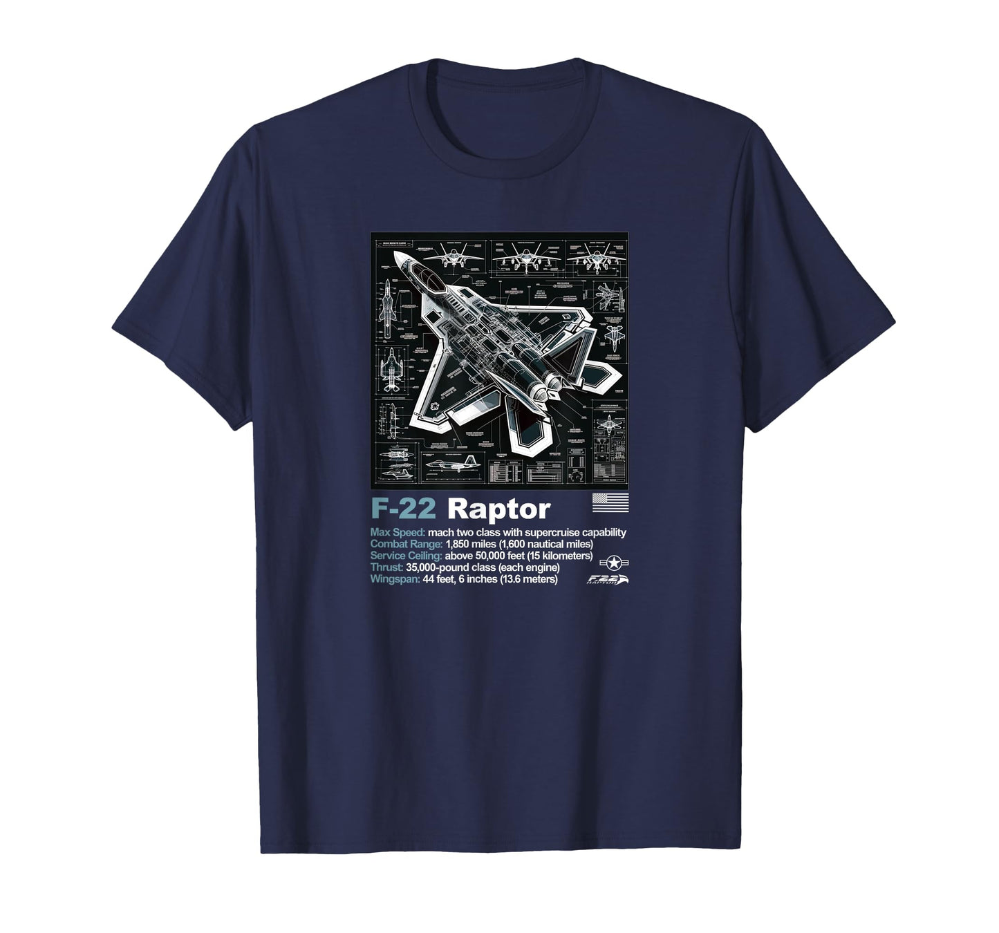 F22 Raptor Fighter Jet Blueprint Technical Drawing & Specs T-Shirt