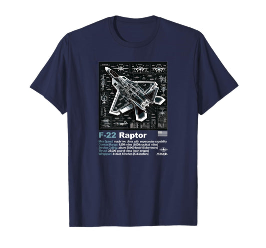 F22 Raptor Fighter Jet Blueprint Technical Drawing & Specs T-Shirt