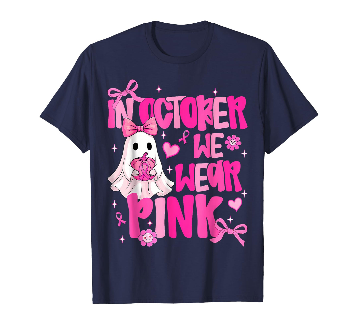 In October We Wear Pink Cute Ghost Halloween Breast Cancer T-Shirt