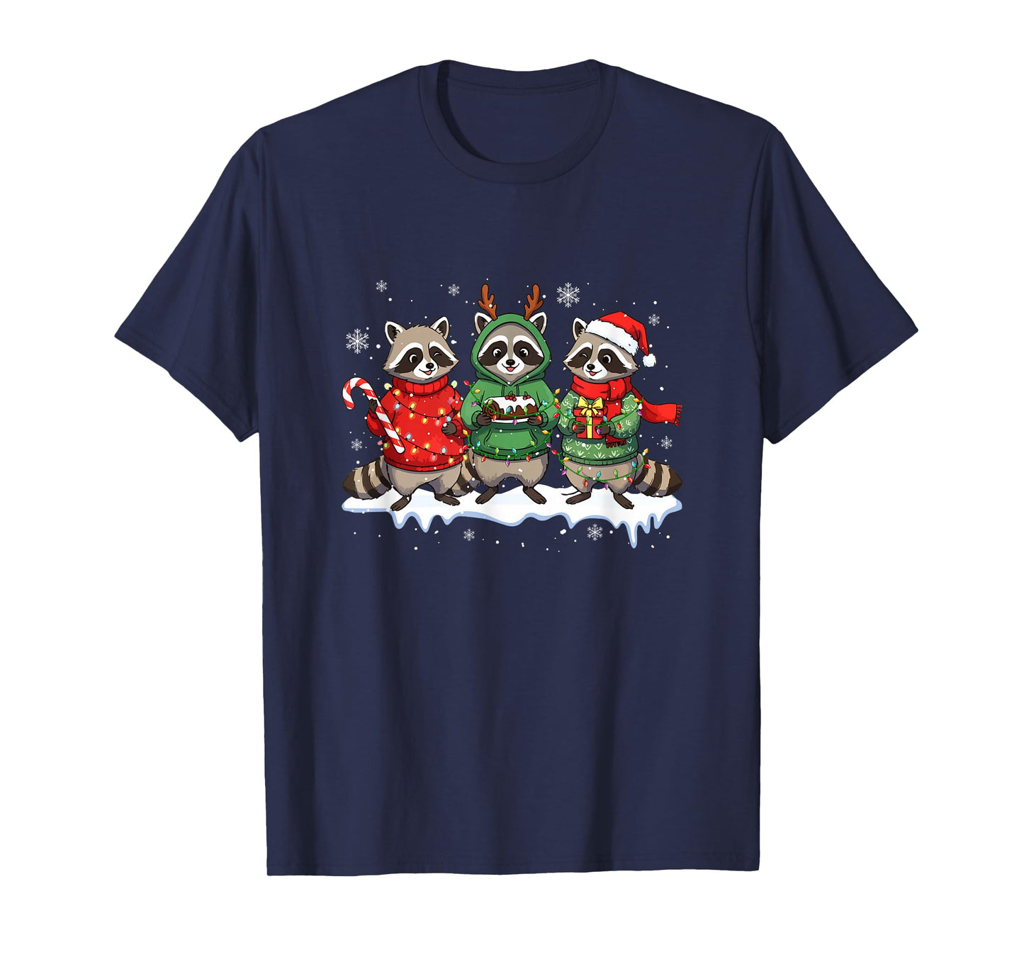 Three Santa Reindeer Raccoons Eating Xmas Cake Candy Canes T-Shirt