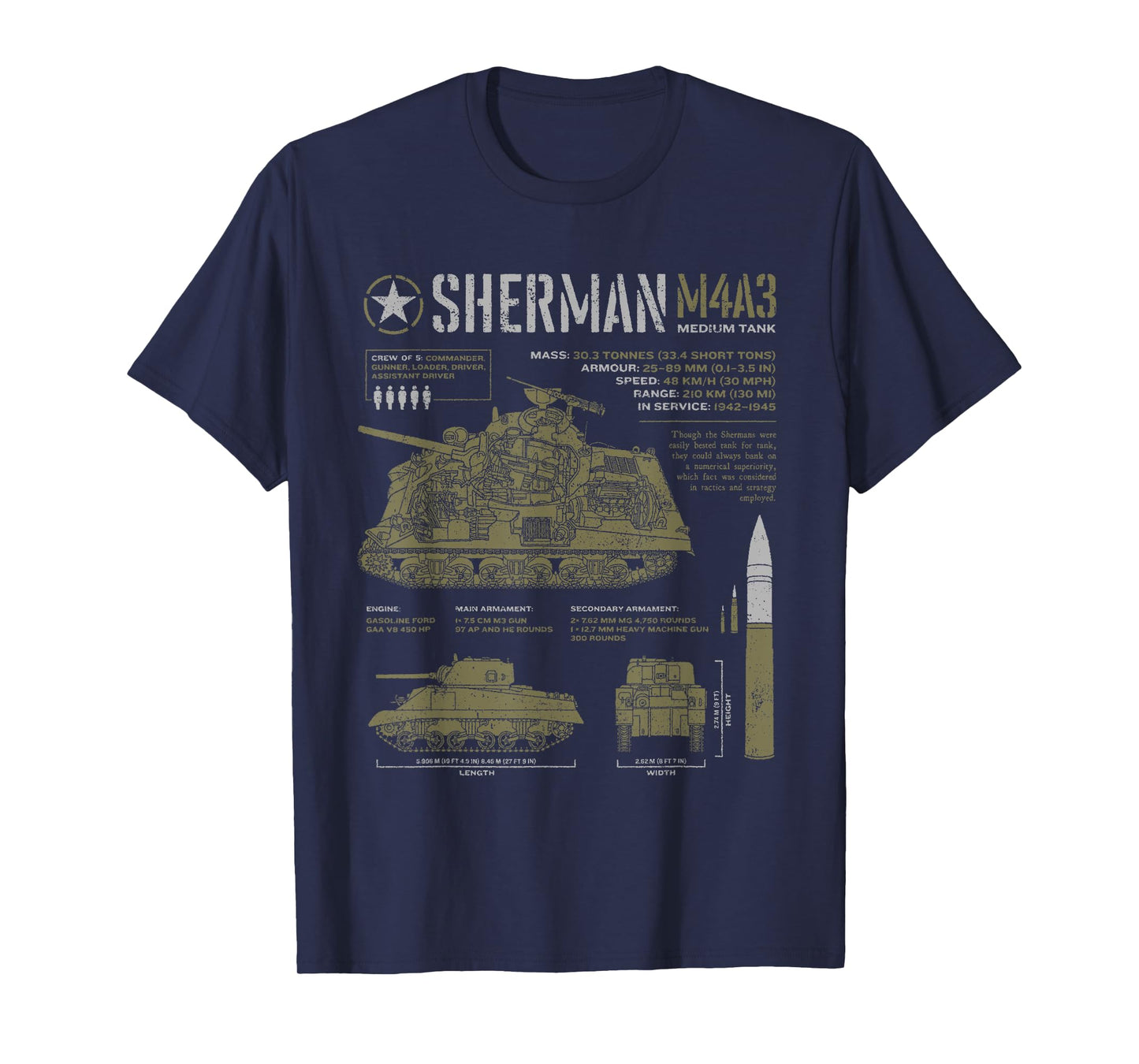 Sherman Tank World War 2 Blueprint T-Shirt