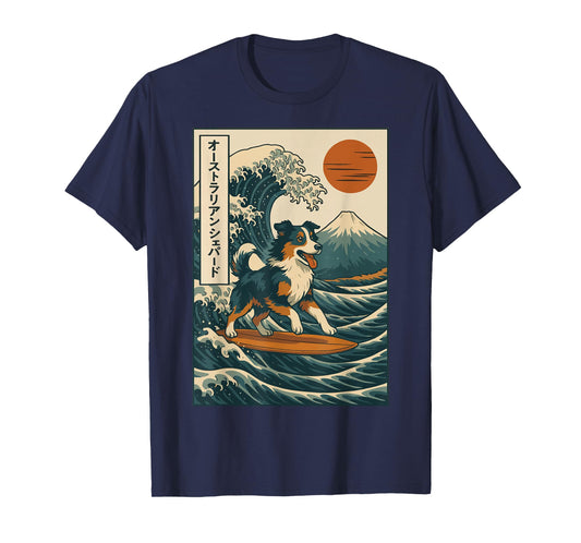 Australian Shepherd Surfing Japanese Wave T-Shirt
