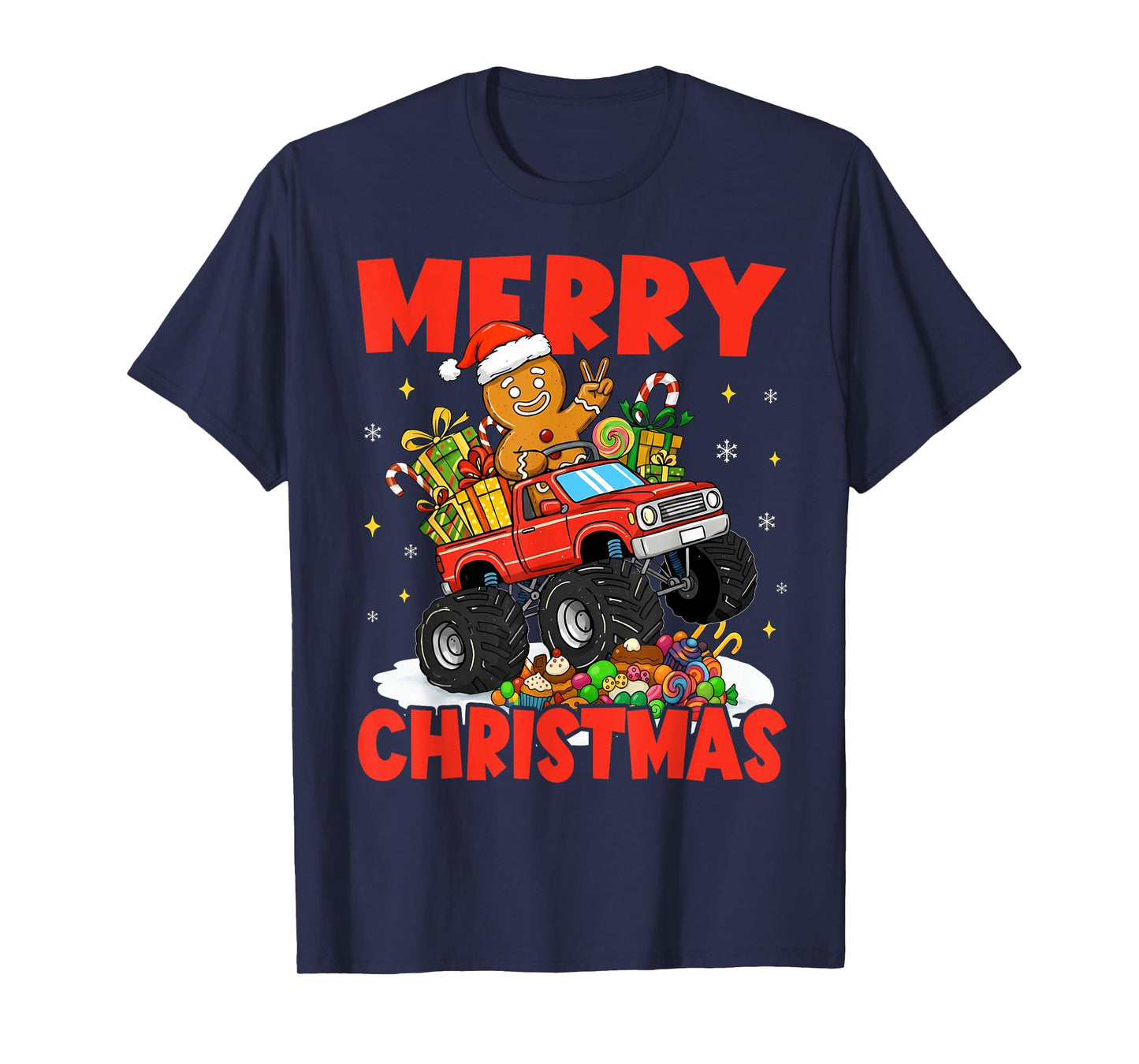 Merry Christmas Monster Truck Funny Gingerbread Men Kid Boys T-Shirt