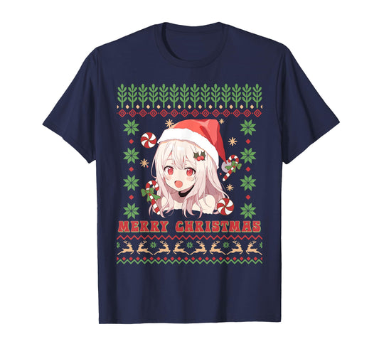Cute Anime Girl Santa Hat Otaku Ugly Sweater Merry Christmas T-Shirt