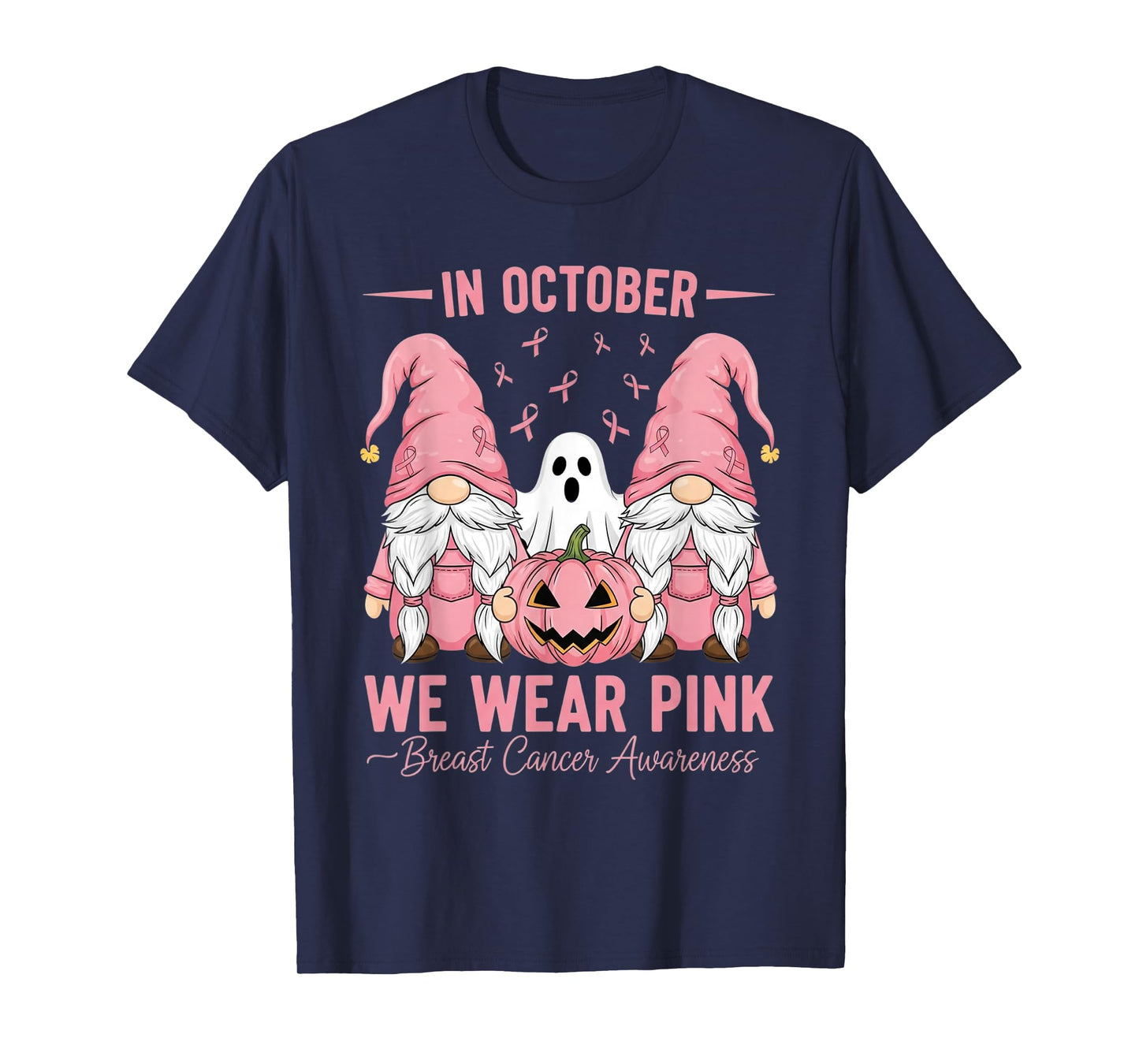 in October We Wear Pink Breast Cancer Gnomes Halloween Ghost T-Shirt