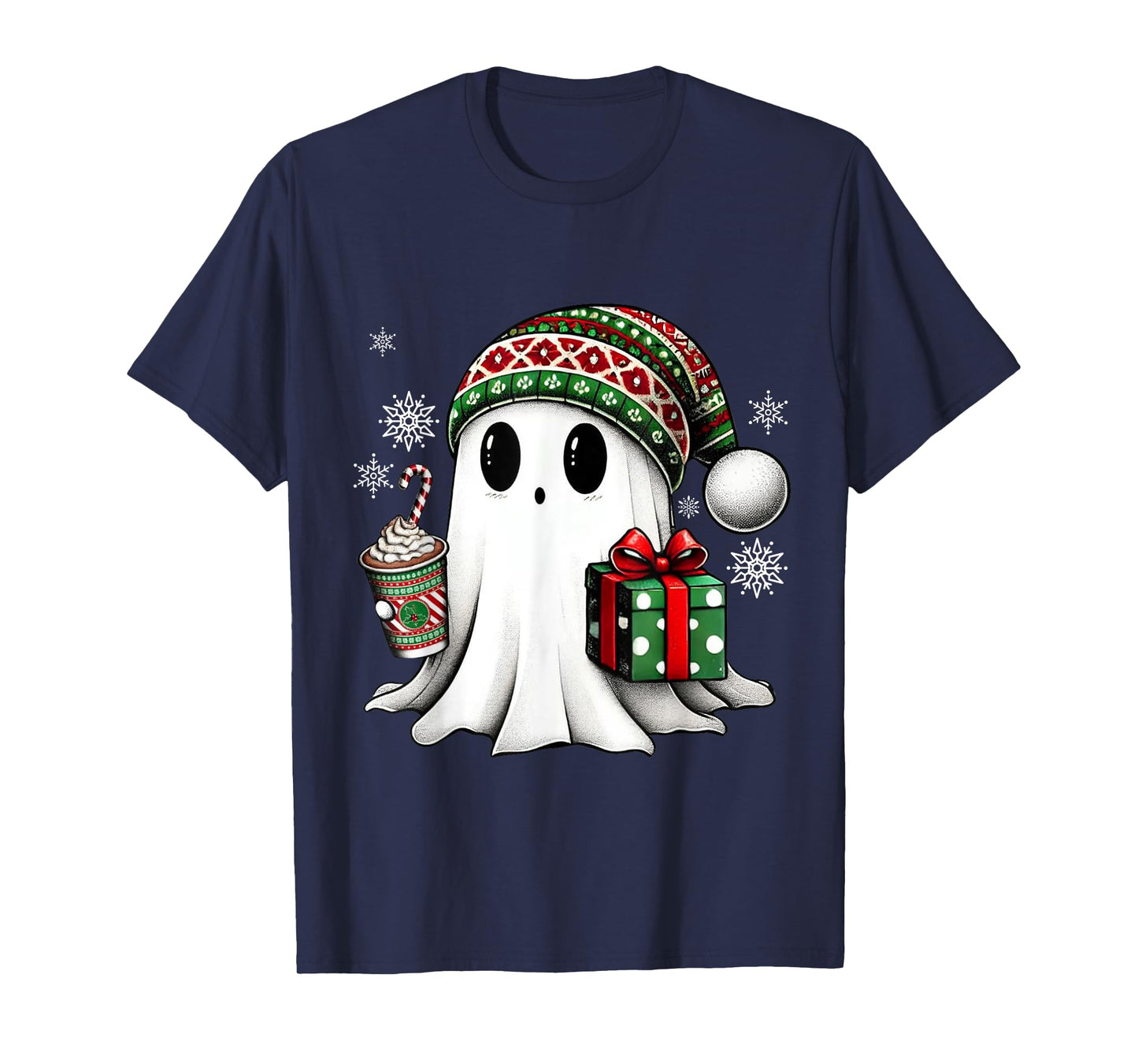 Christmas Cute Ghost Drink Coffee Funny Christmas Ghost T-Shirt