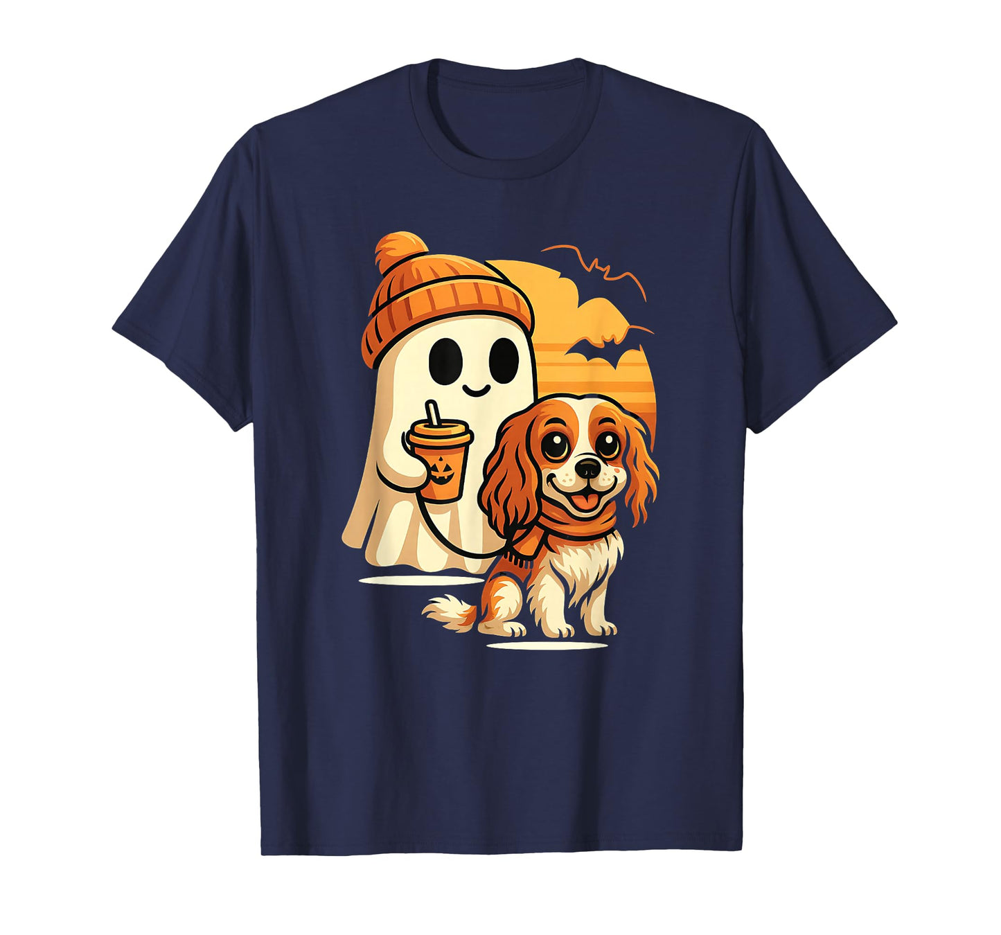 Funny Ghost Walking Cavalier King Charles Dog Halloween T-Shirt