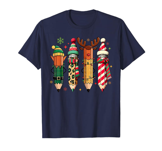 Retro Teacher Pencils Reindeer Christmas Shirt for Women T-Shirt