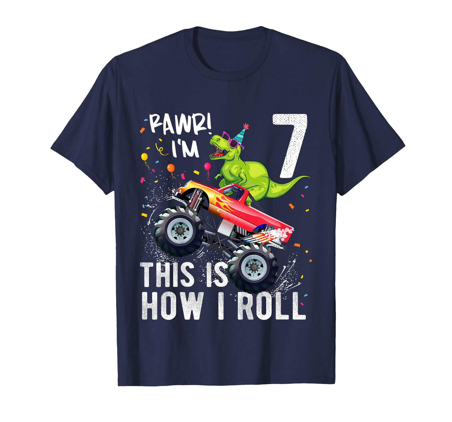 T Rex Dinosaur Monster Truck 7th Birthday Boys and Girls T-Shirt