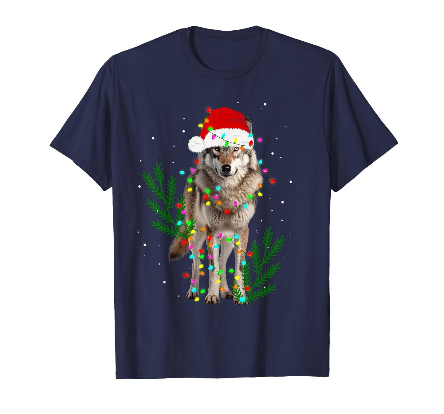 Wolf Santa Hat Christmas Lights Wolf Lover Animal Xmas T-Shirt