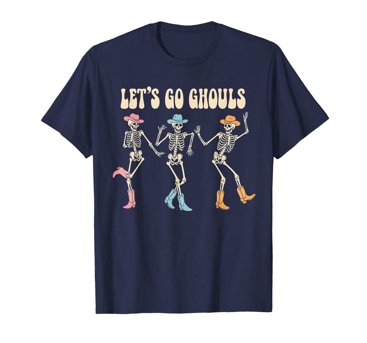 Let's Go Ghouls Women Halloween Dancing Skeleton Ghost T-Shirt