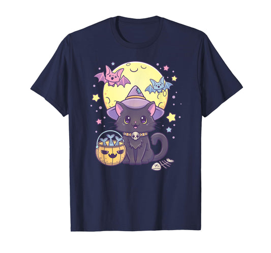 Kawaii Pastel Goth Cute Creepy Halloween Black Cat Witch Hat Men Women Kids T-Shirt