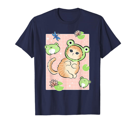 Kawaii Frog & Cat Frog Hat Retro 90s Cottagecore T-Shirt