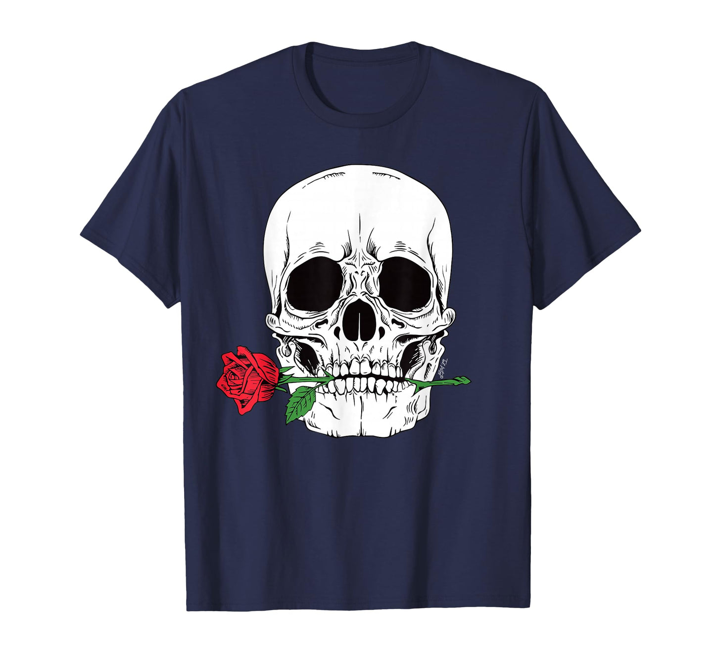 Skull Head Face Red Rose Rock n Roll Cool Skeleton T-Shirt