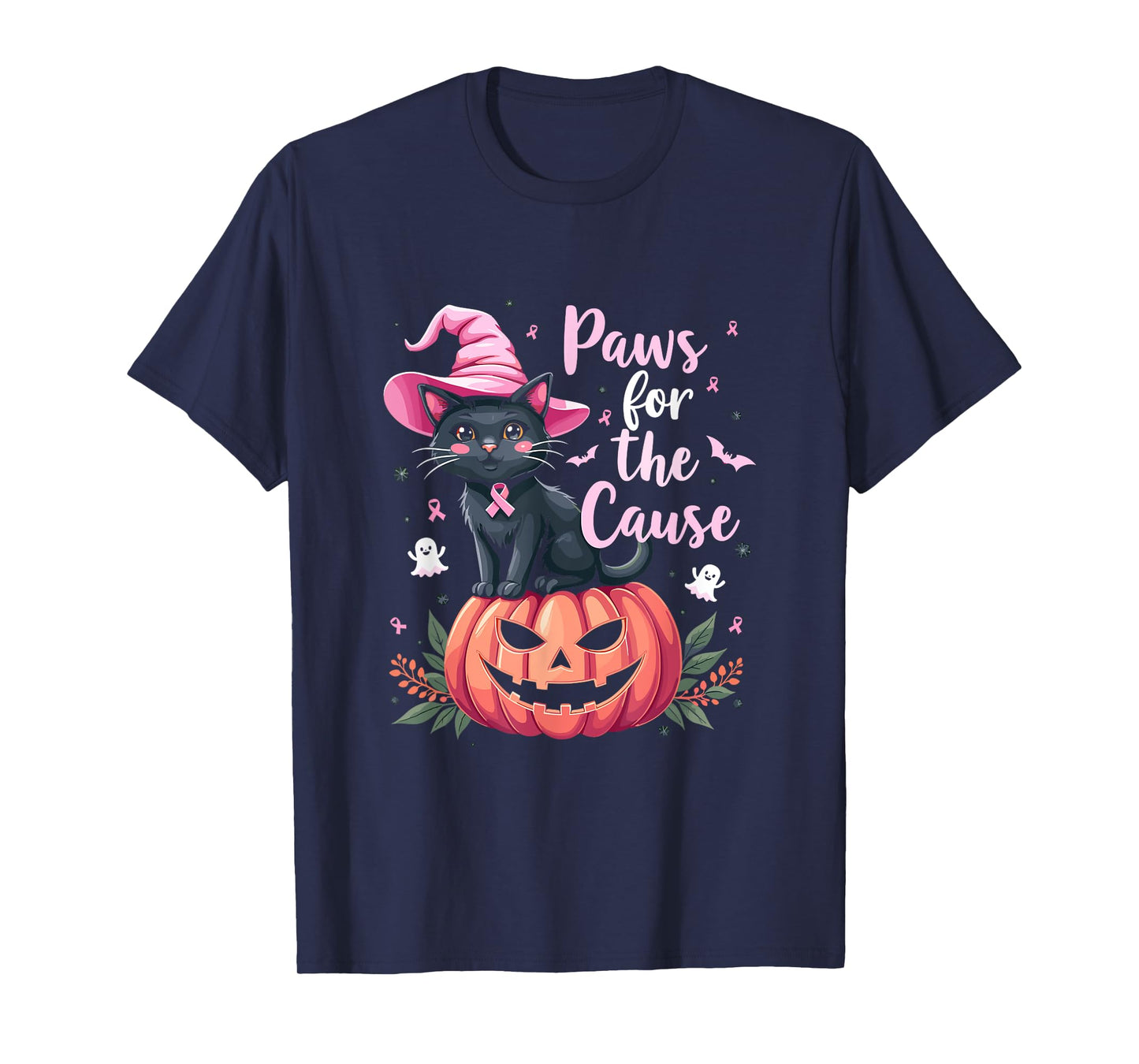 Paws For The Cause Pink Ribbon Witch Hat Pumpkin T-Shirt