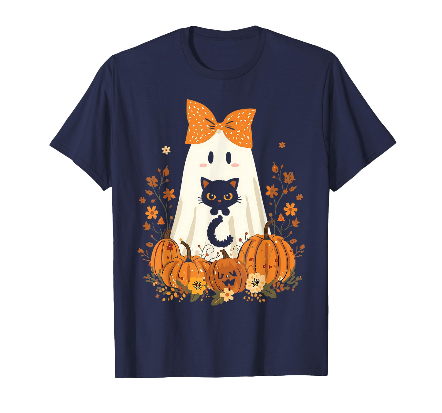 Vintage Halloween Ghost Holding Cat Groovy Floral Cat Meme T-Shirt