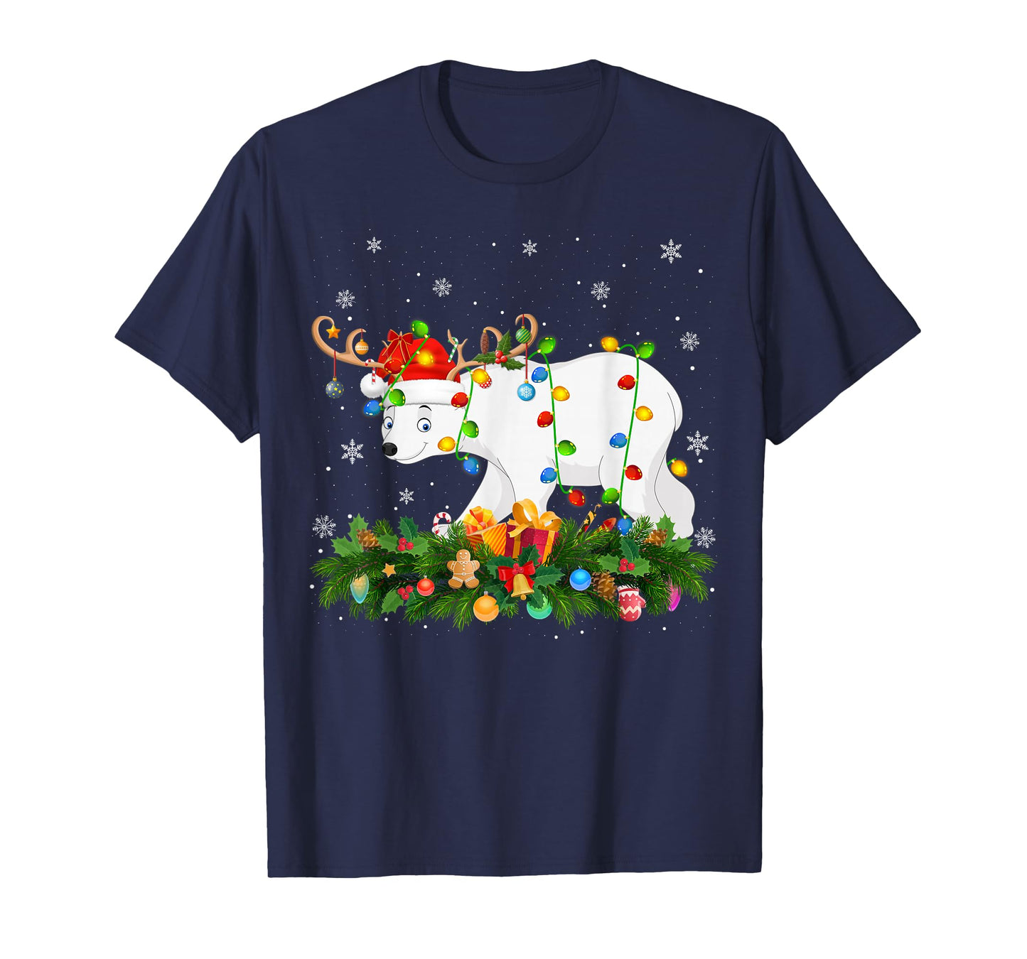 Polar Bear Christmas Lights Reindeer Santa Hat Adult & Kids T-Shirt
