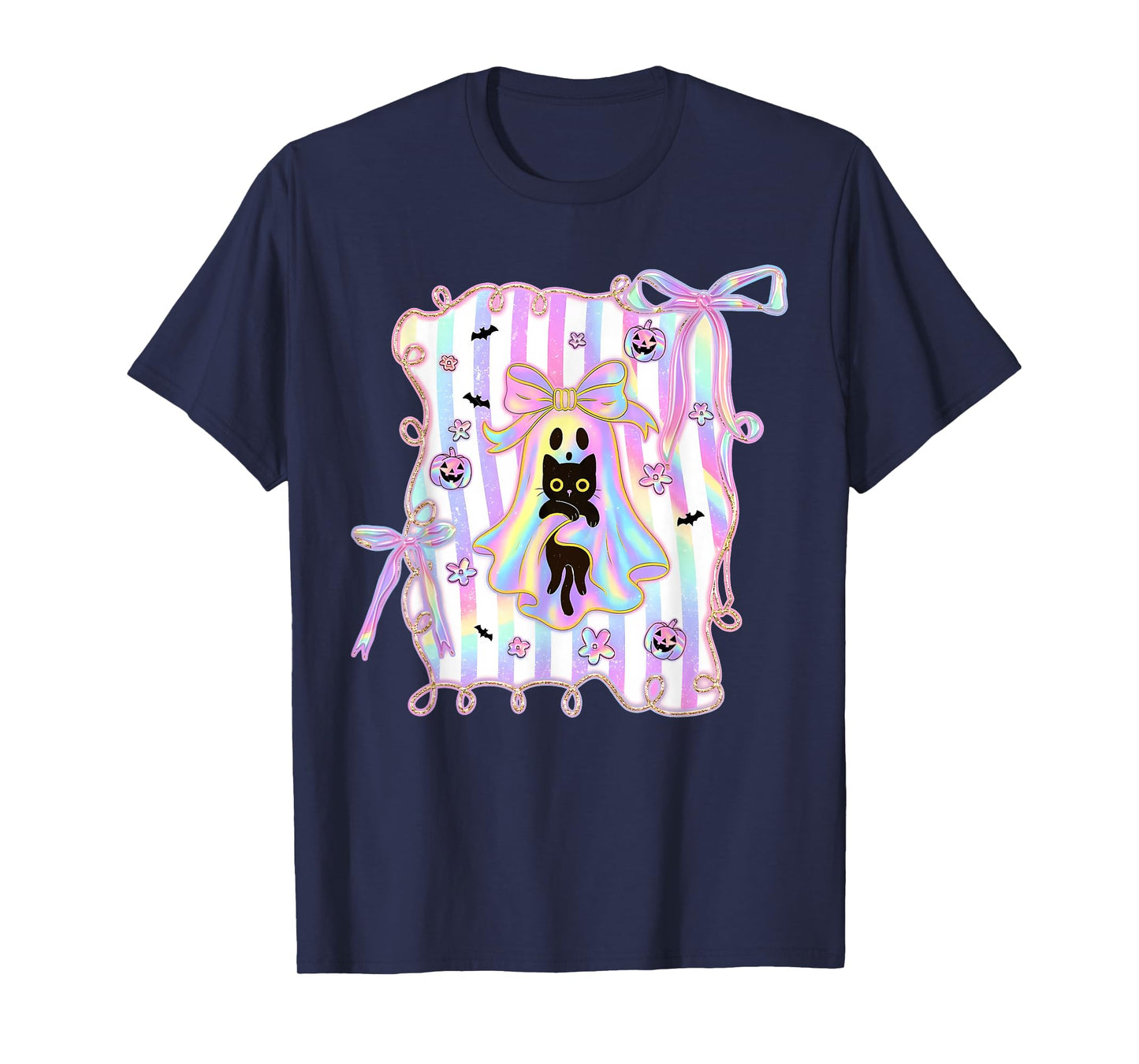 Ghost Holding Black Cat Pumpkin Coquette Halloween T-Shirt
