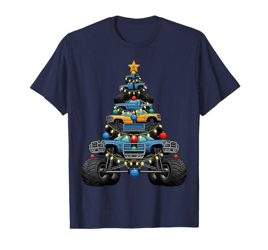 Monster Truck Christmas Tree Xmas Lights Graphic Kids Boys T-Shirt