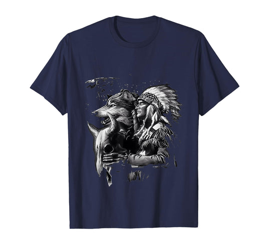 Wolf with native American Indians T-Shirt
