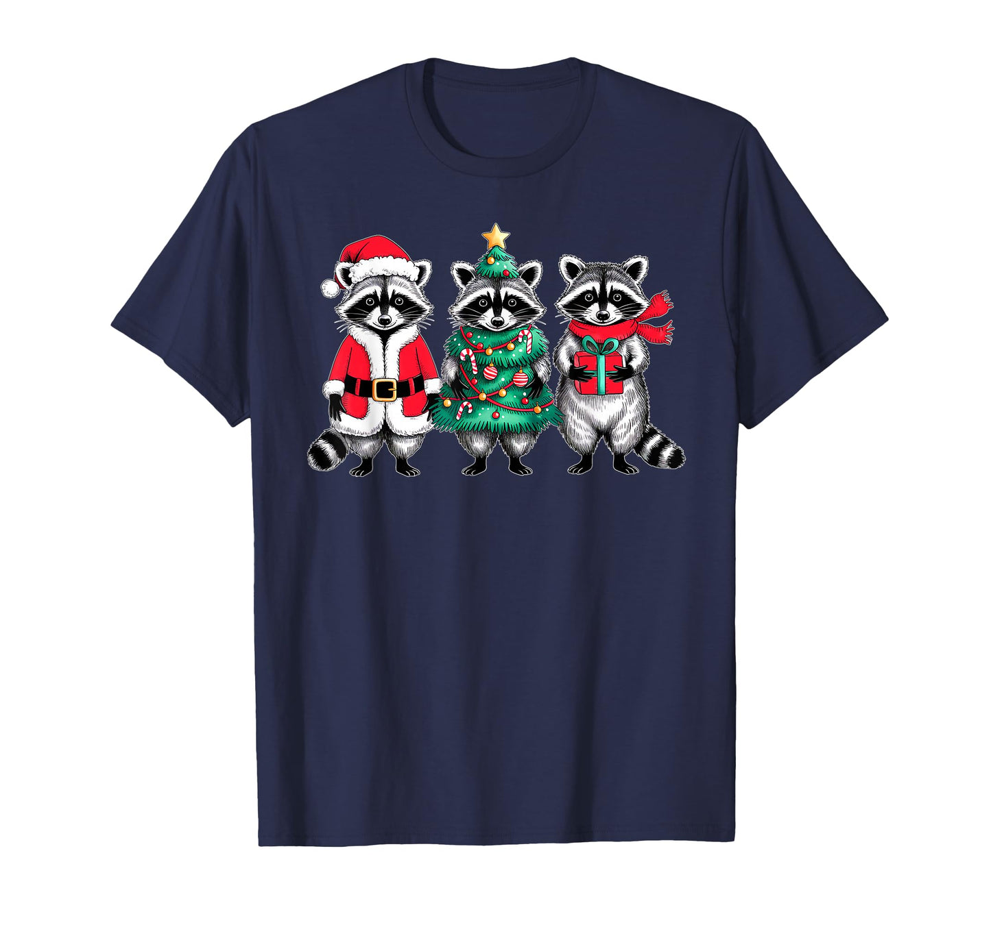 Raccoon Christmas Tree Light Santa Hat Xmas Family Men Women T-Shirt
