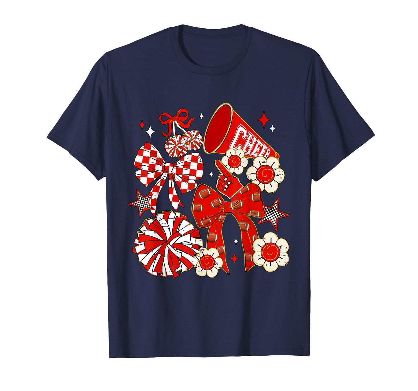 Coquette Bow Red Cheer Mom Game Day Football Cheerleader T-Shirt