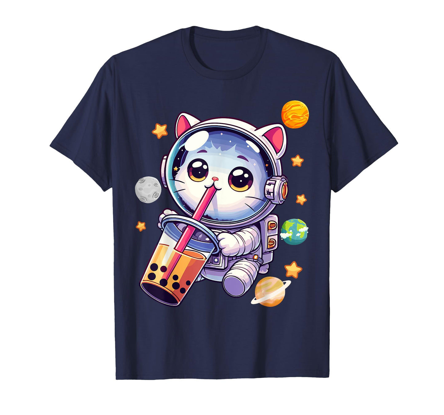 Space Cat Astronaut Boba Tea Boba Cat Galaxy Cute Anime T-Shirt for Men Women Kids