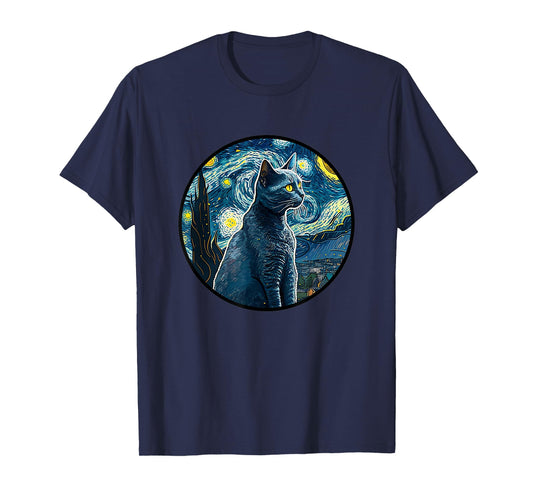 Russian Blue Cat in Starry Night Painting Men Women Kids T-Shirt