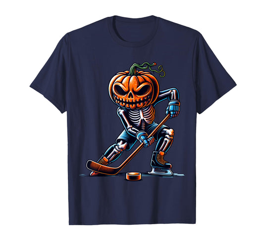 Skeleton Ice Hockey Halloween Pumpkin Hockey Mens Boys Kids T-Shirt
