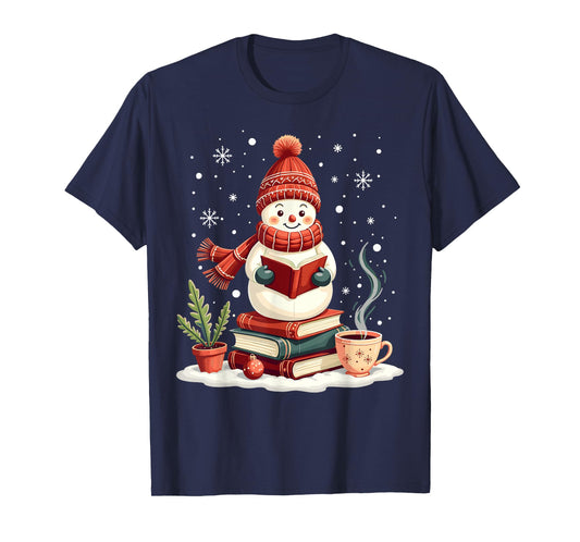 Snowman Reading Book Lovers Christmas Bookworm Librarian T-Shirt