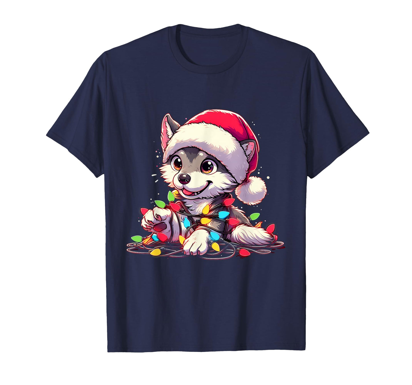 Merry Wolfmas Christmas Lights Cute Wolf Santa Hat T-Shirt