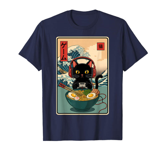 Kawaii Gamer Cat Ramen Retro Japanese Funny Cat Gaming T-Shirt