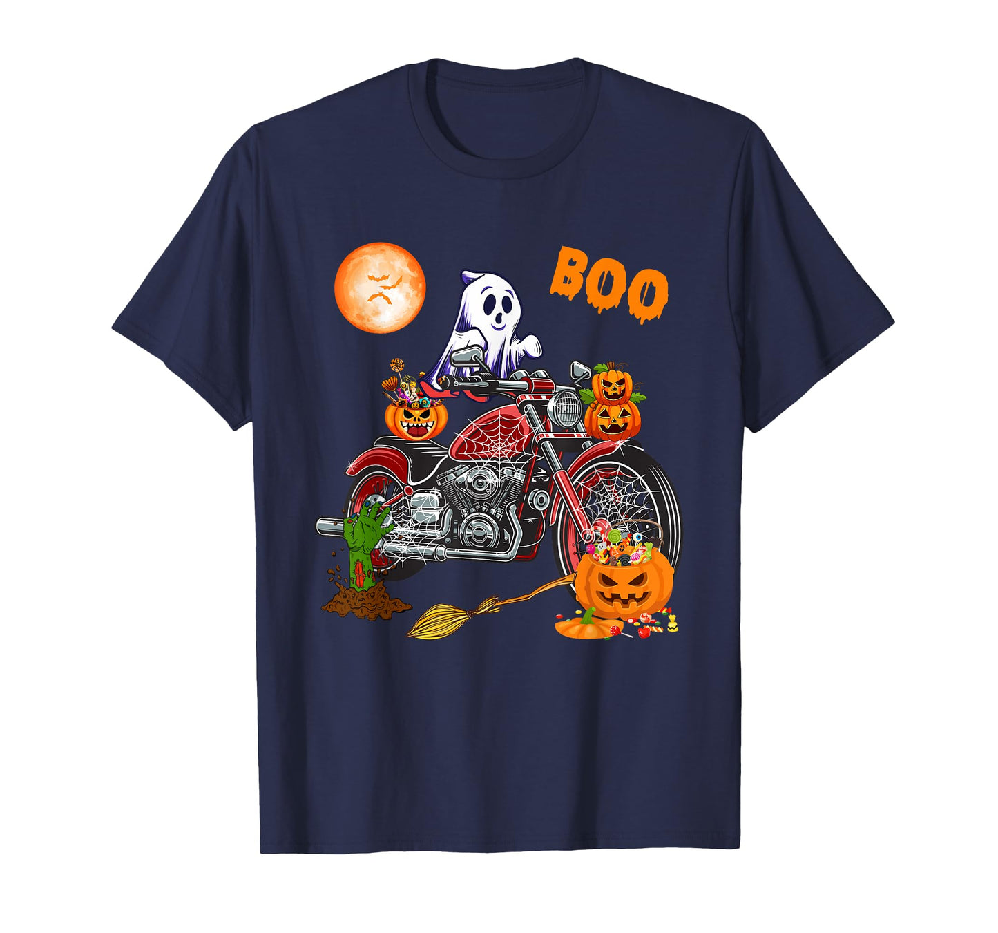 Boo Ghost Riding Motorcycle Horror Candy Bag Carved Pumpkin T-Shirt