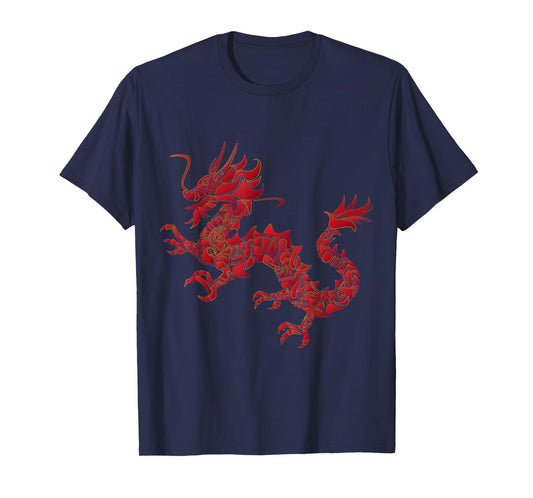 Red Chinese Firedrake T-Shirt Dragon Print Art Wear T-Shirt
