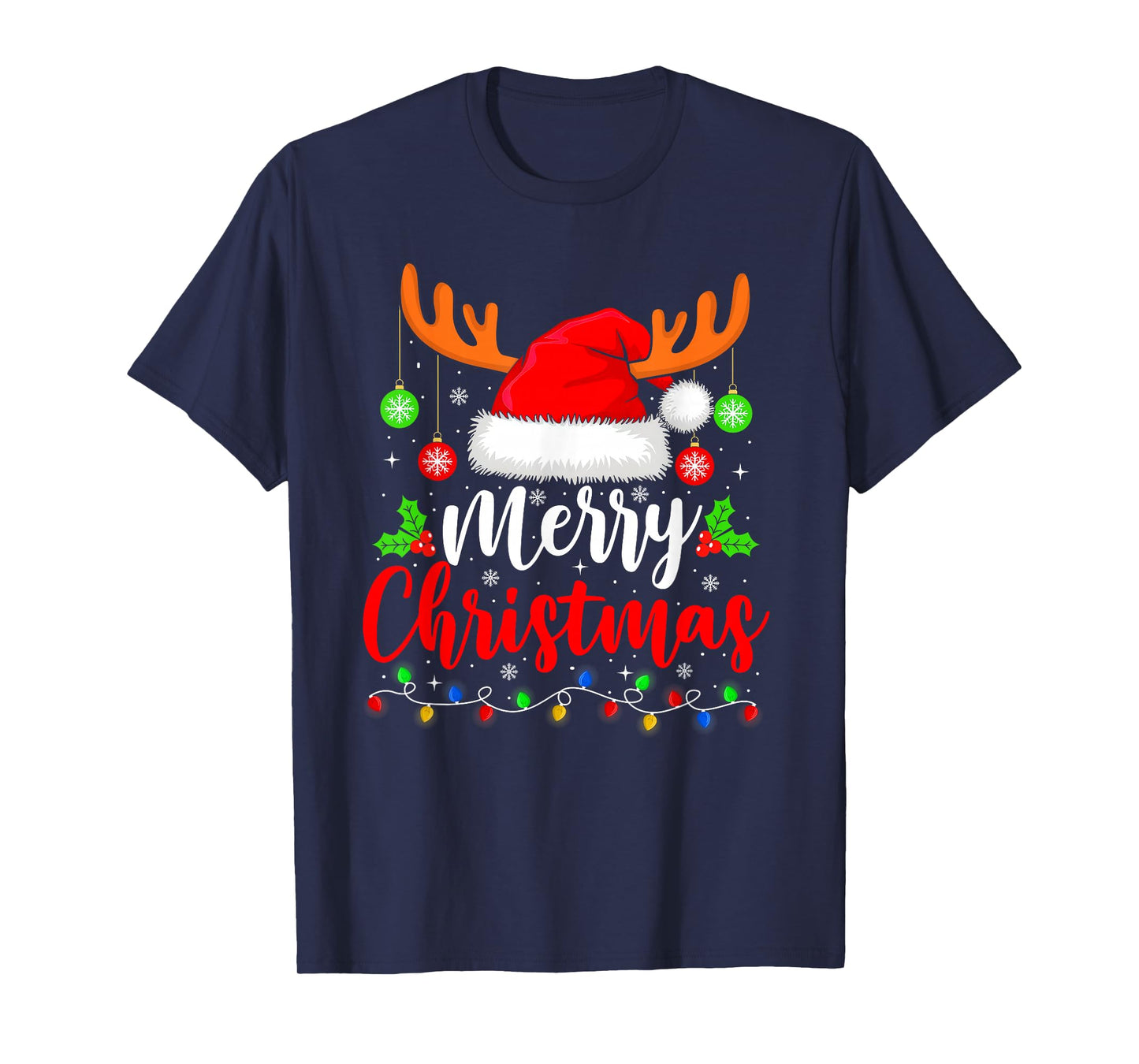 Merry Christmas Reindeer Santa Hat Xmas Family Men Women T-Shirt